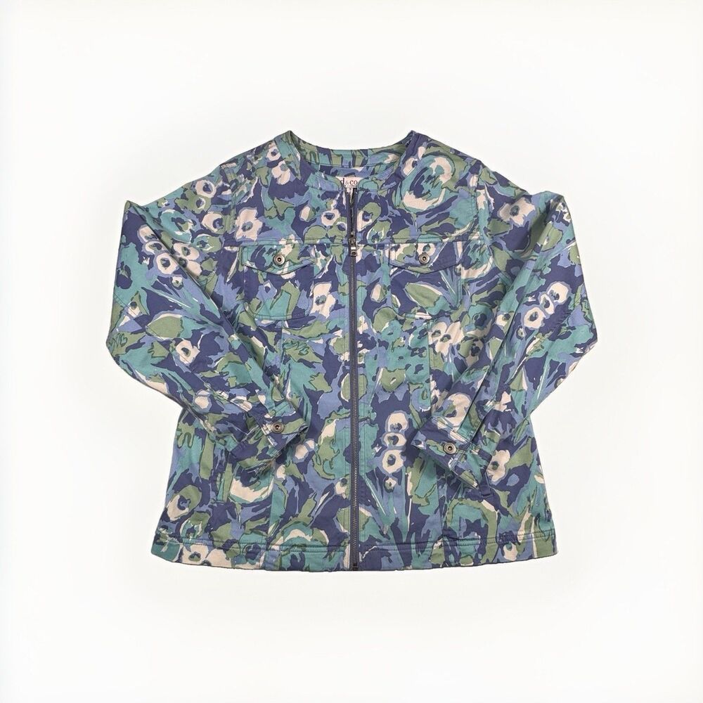 Denim & Co Watercolor Floral Stretch Twill Zip Jacket Women M Blue Green A307114